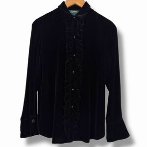 Lauren Ralph Lauren Ruffled Velvet Shirt Women’s Size S Button Front Silk Blend